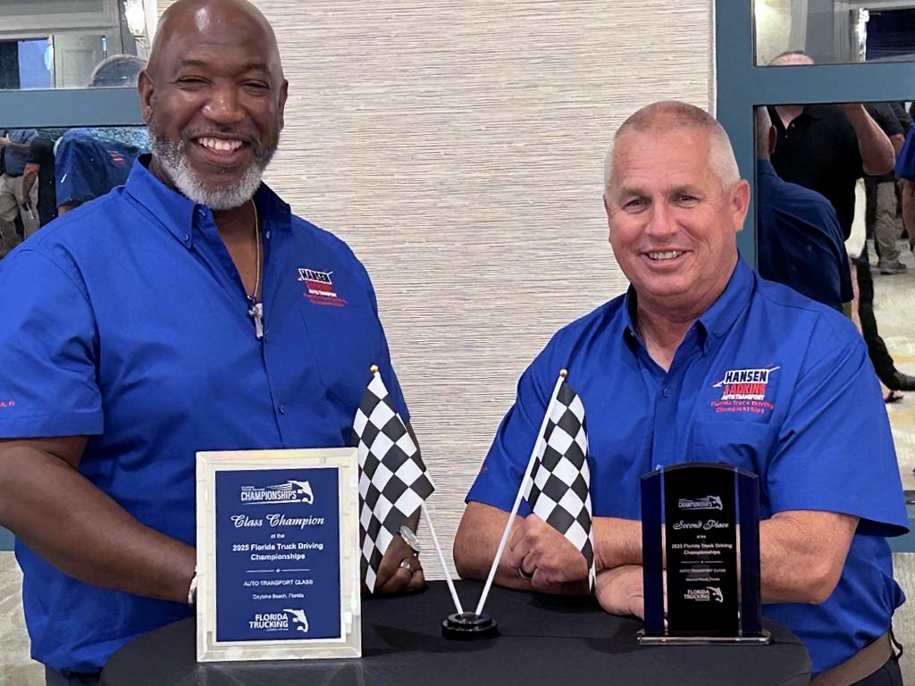 Hansen & Adkins drivers posing with their awards at the Florida Truck Driving Championship 2025
